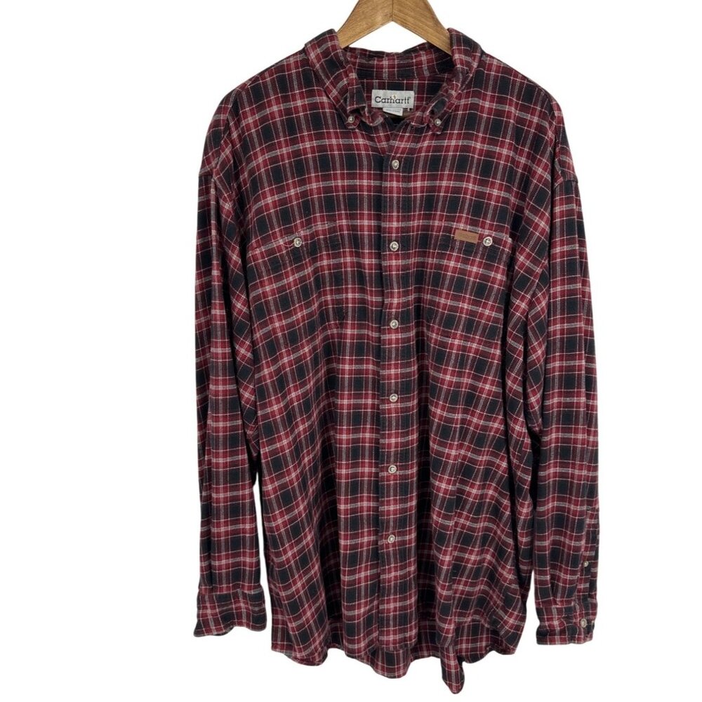 Carhartt Mens Red & Black Plaid Button Down Long Sleeve Flannel Shirt 2XL